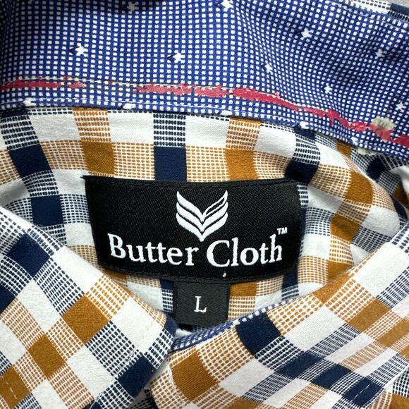 Butter Cloth Shirt Mens Large Blue Check‎ Contrasting Flip Cuff Lightweight - Picture 2 of 13